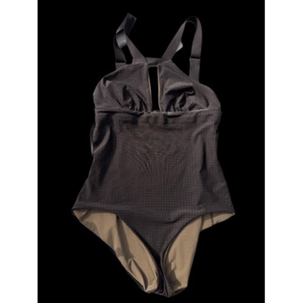 Ward Whillas Womens Swimsuit One Piece Perforated Keyhole Halter Dark Gray Khaki